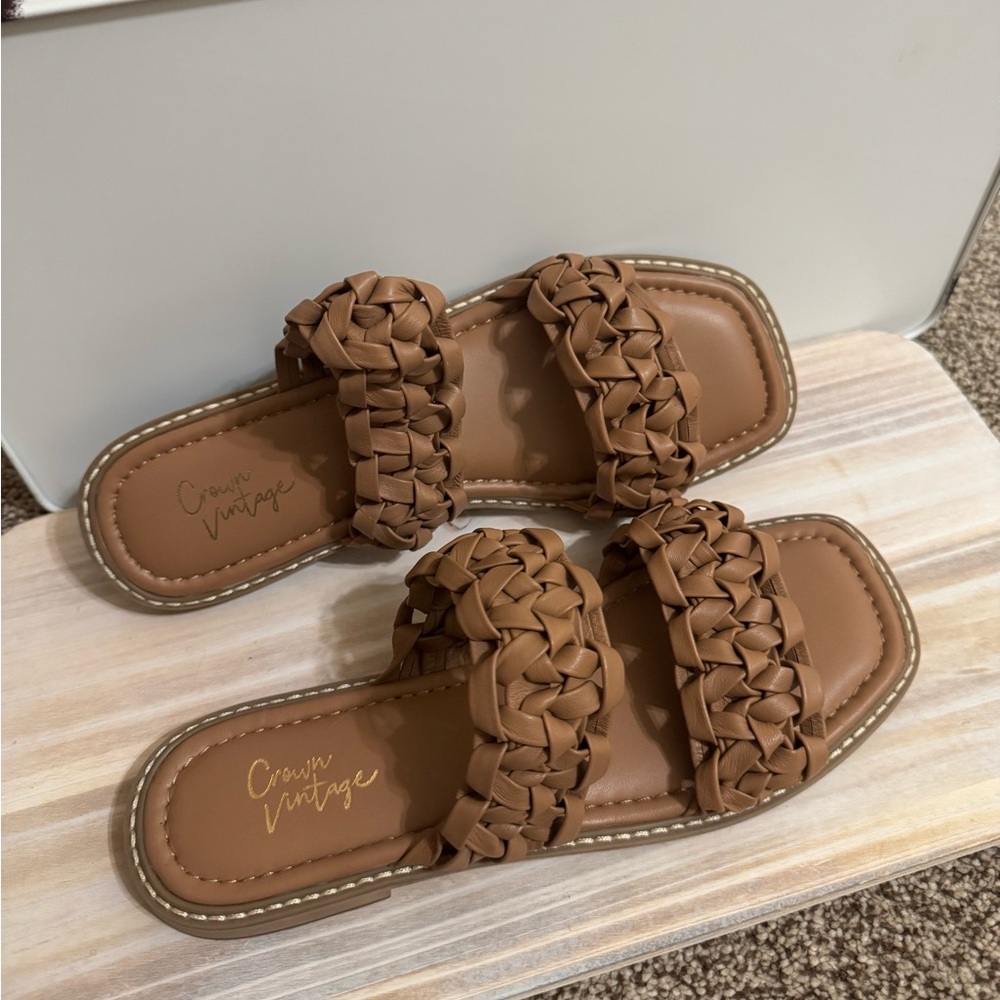 2 PAIRS! Crown Vintage Tan & Black Braided Slide Sandals